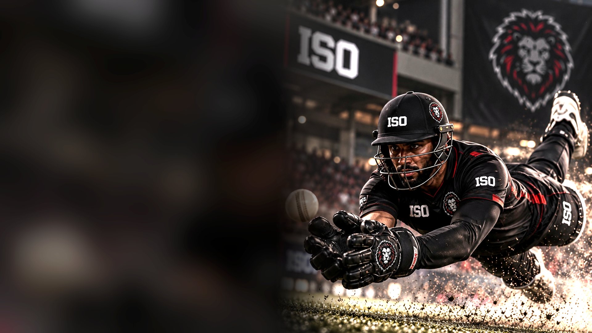 A cricketer in ISO kit diving full length to take a catch.