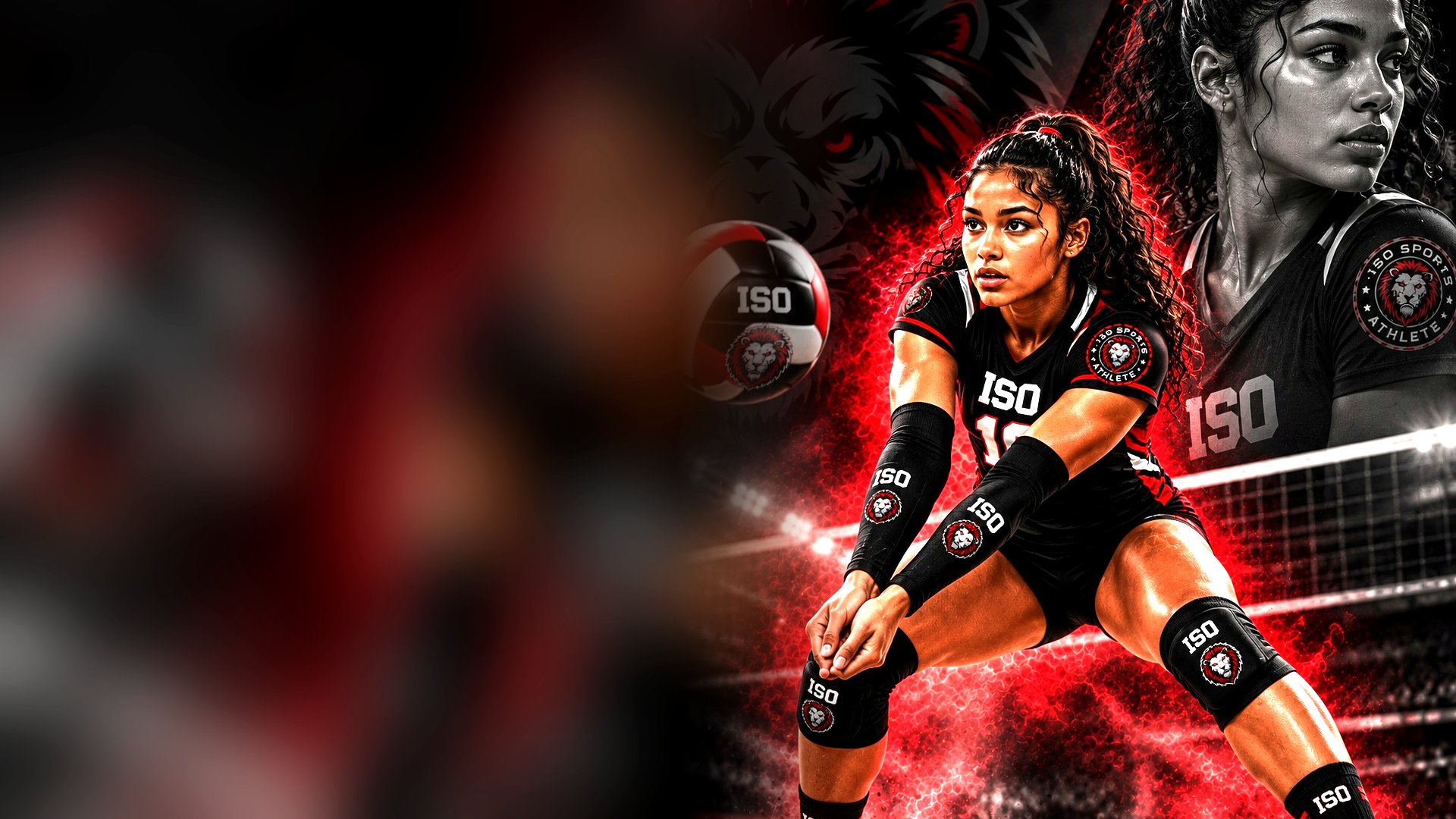 A volleyball player in ISO kit digging the ball at the net.