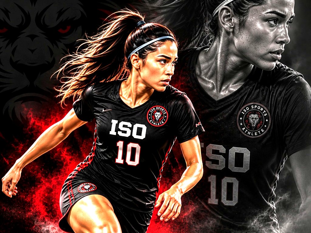 A soccer player in ISO kit striking the ball under floodlights.