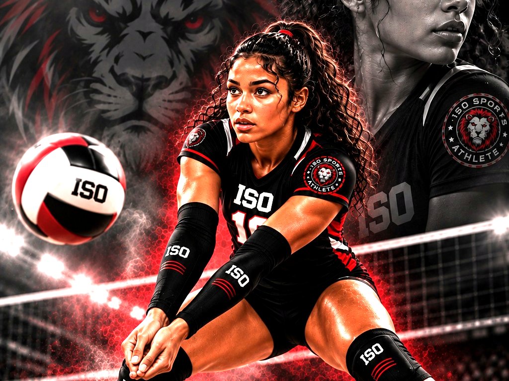 A volleyball player in ISO kit digging the ball at the net.