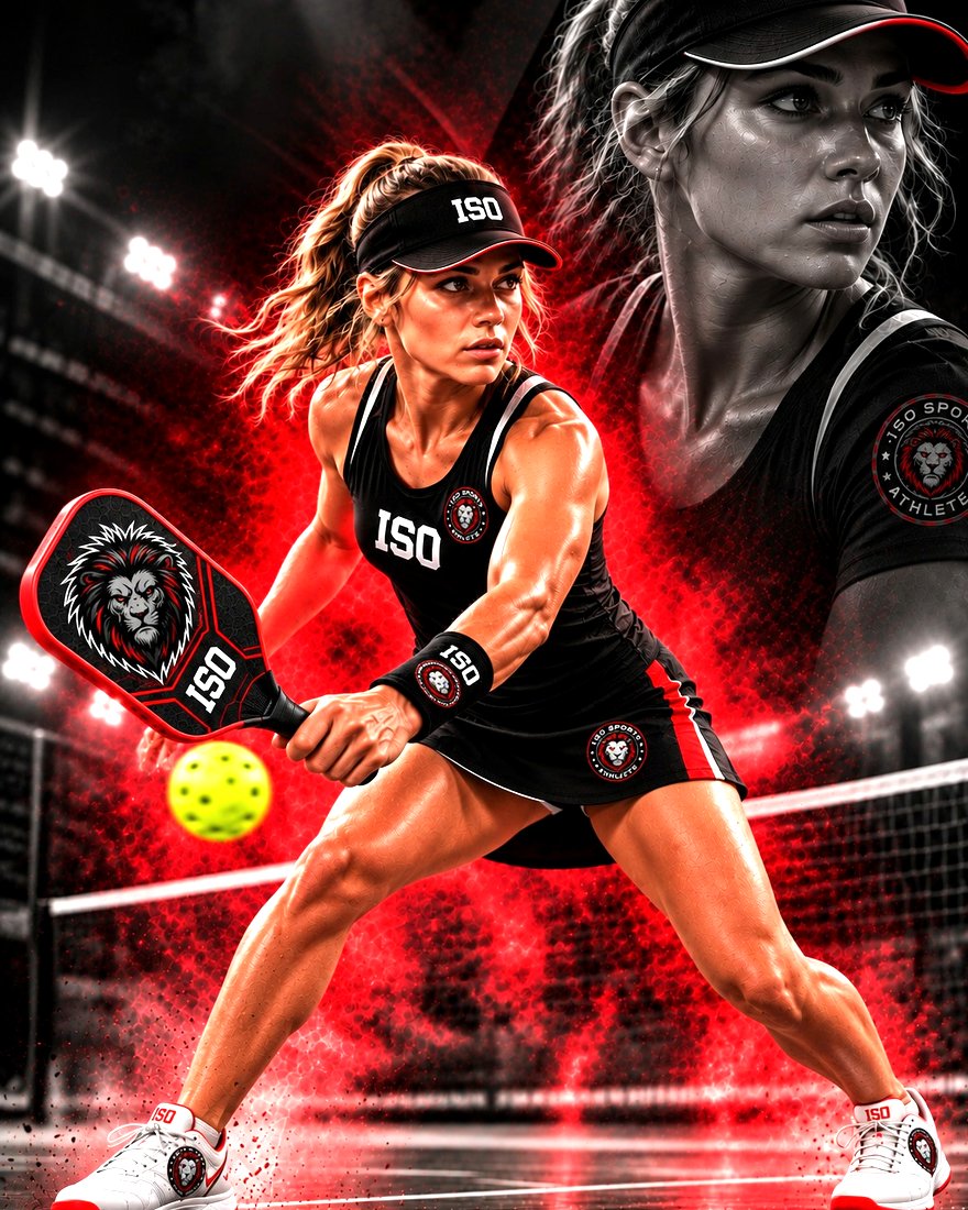 A pickleball player in ISO kit driving a backhand at the kitchen line.