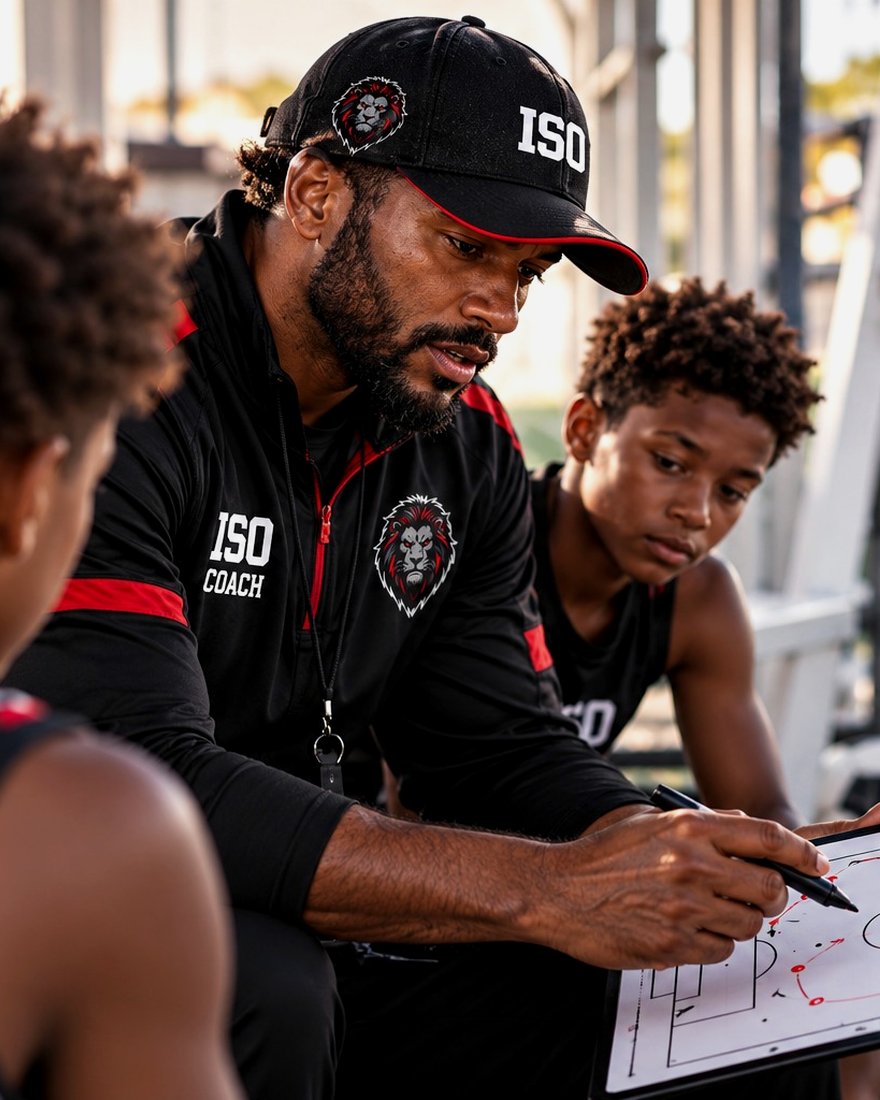 An ISO coach walking a group of athletes through a play on a tactics board.